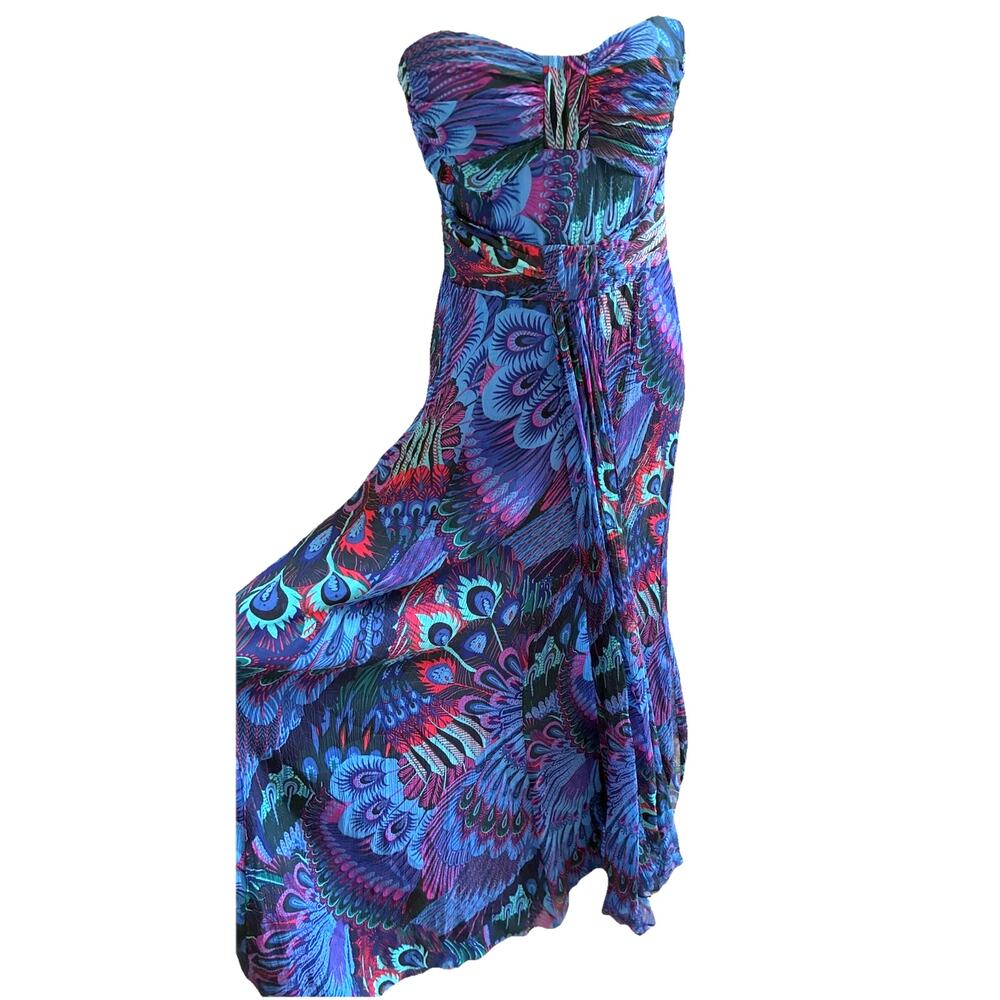 Nanette Lepore SILK Maxi Dress Peacock Feathers Fairy Hollywood Glam Formal 4